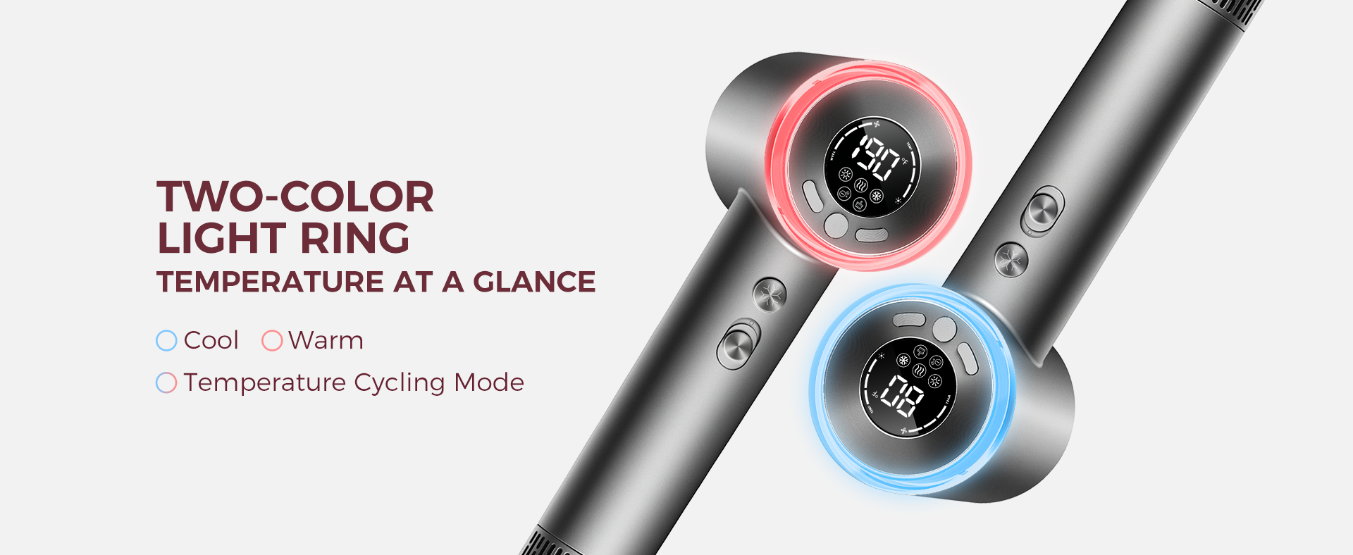 The goolioo high speed hair dryer have 2 colors light ring,you can know the temperature at a glance